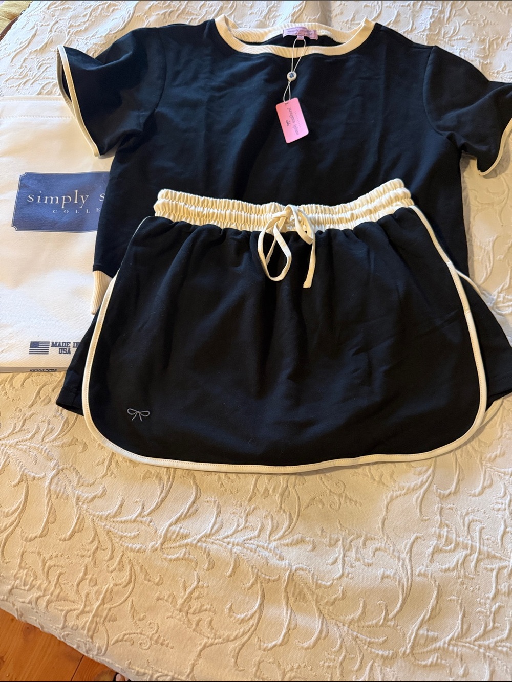 NWT Simply Southern Black crop and Skirt Set with Cream Trim